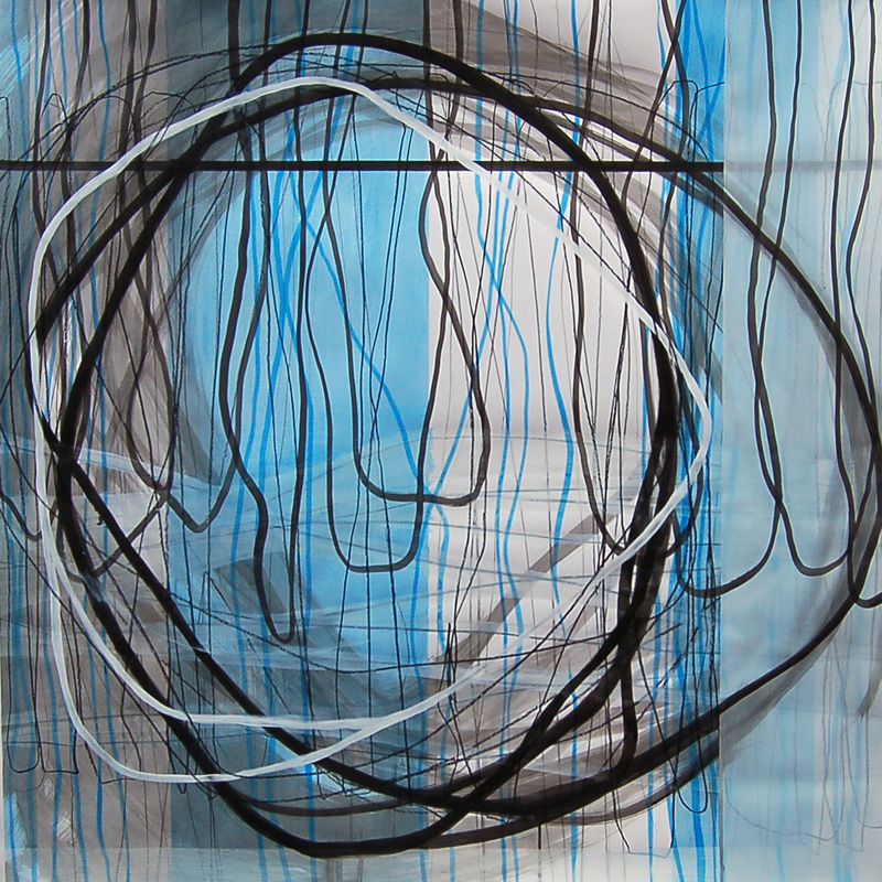 #18511, Vertical White and Blue, 				2014,	42×42 inch, ink, acrylic on paper