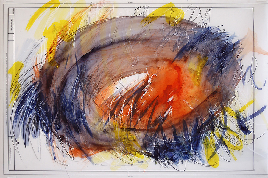 #18936, Orange in Blue, 2018, 			36×24 inch, ink on mylar