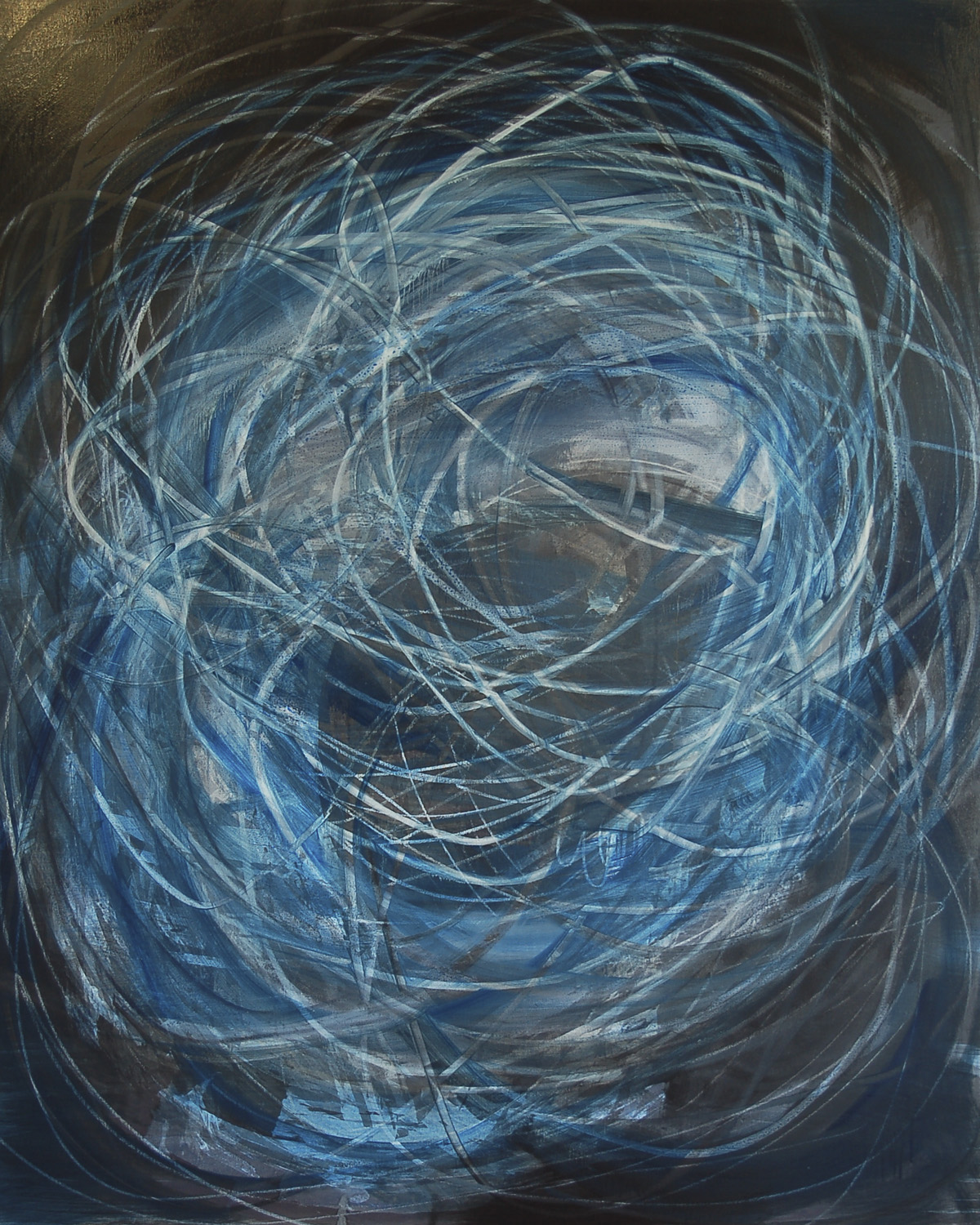 #18978, Large Lines Searching for Blue in Black,								2018, 48×60 inch,	ink, oil on panel