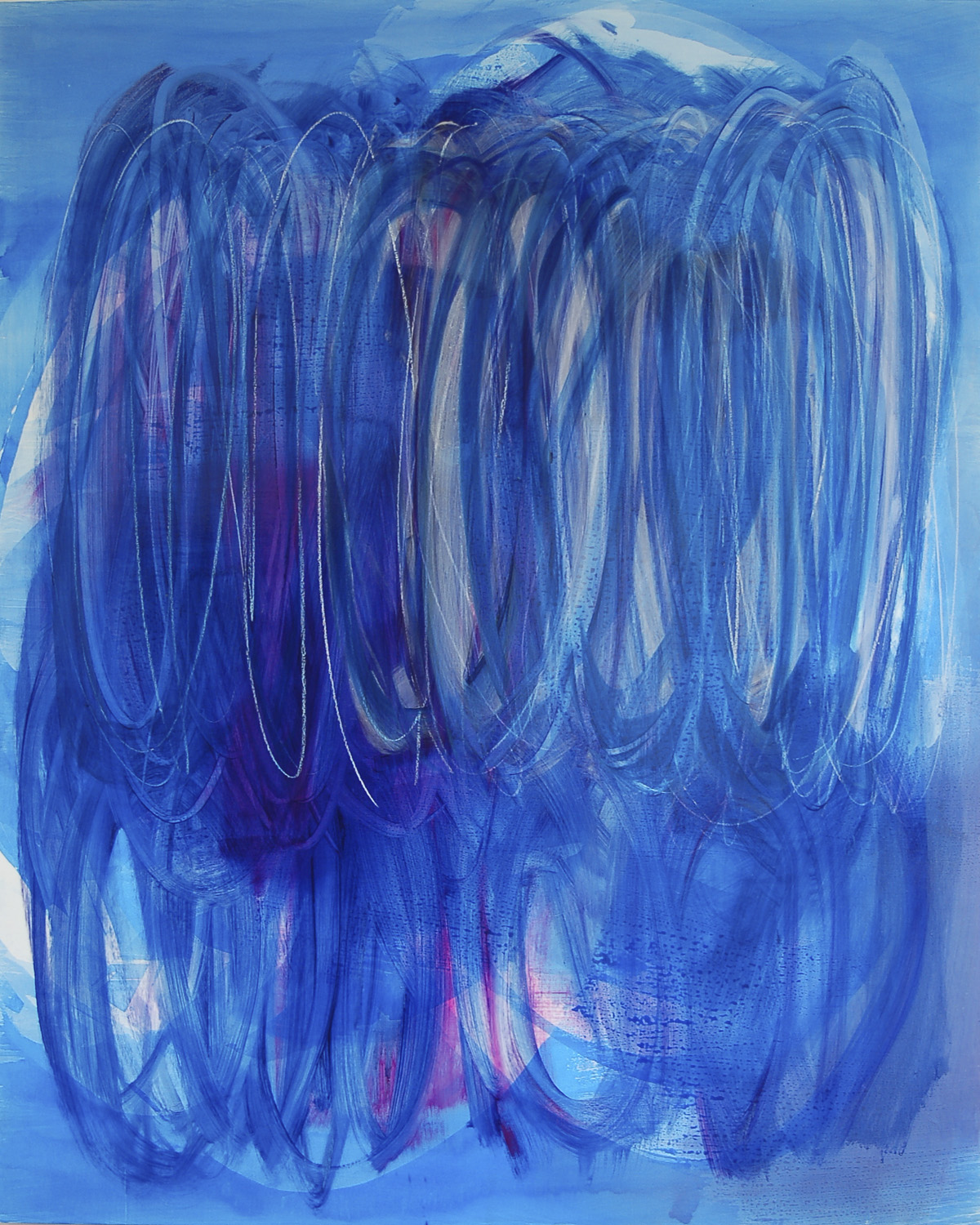 #18981, Prussian and Phatalo Blues Hiding Magenta,								2018, 48×60 inch,	ink, oil on panel