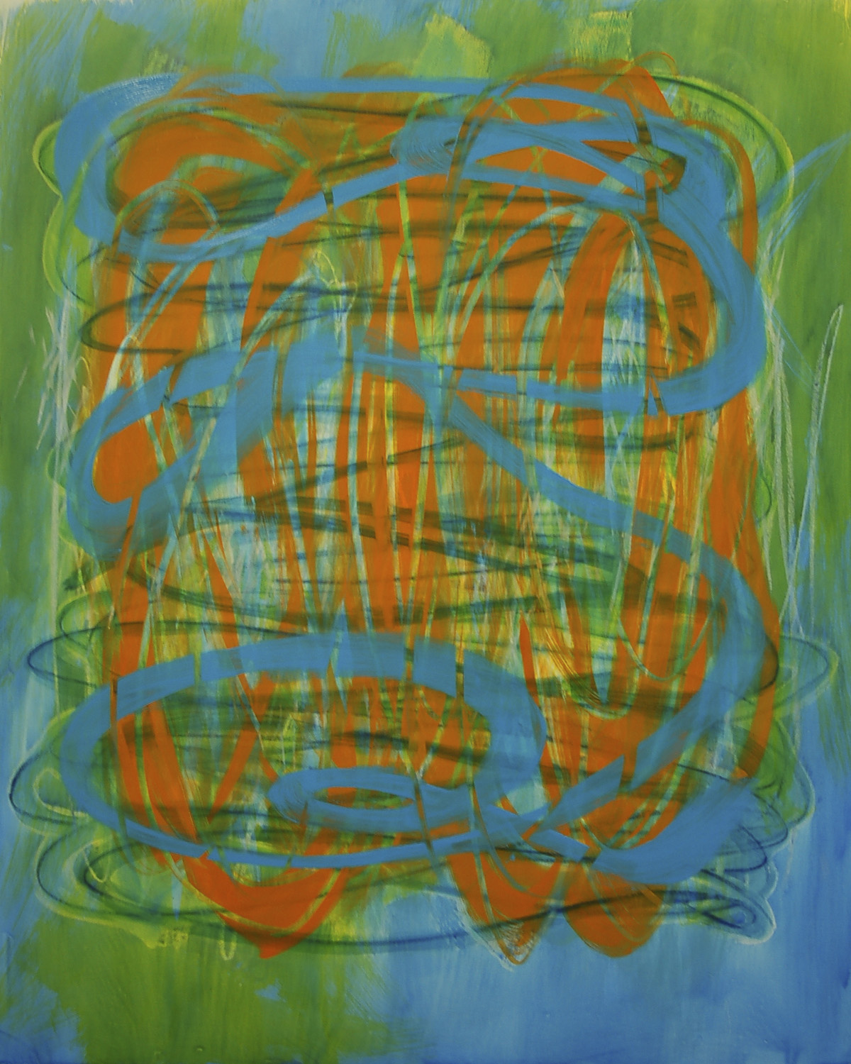 #18985, Orange engaging with Cerulean Blue on Green,							2018, 48×60 inch,	ink, oil on panel