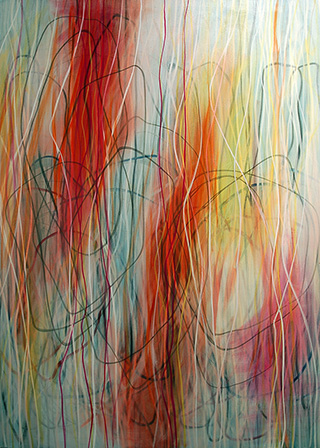 #18397_2,	Red in Lines, <nobr>2014–2018,</nobr> 	60×84 inch, oil on canvas