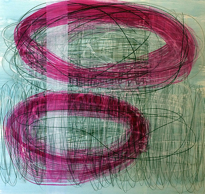 #18950, Pink on Sky Blue,					2018, 	48×45 inch,	ink, oil on paper