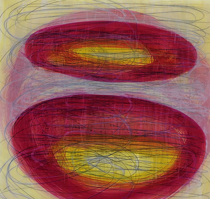 #18951, Red on Sahara Yellow,				2018, 	48×45 inch,	ink, oil on paper