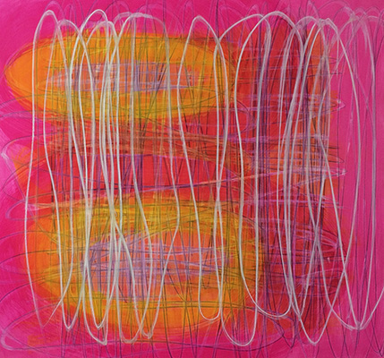 #18952, Yellow in Bubble Pink,				2018, 	48×45 inch,	ink, oil on paper