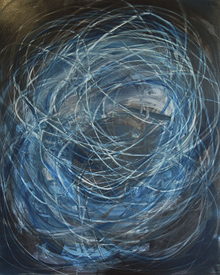 #18978, Large Lines Searching for Blue in Black,								2018, 48×60 inch,	ink, oil on panel