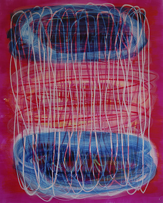 #18980, Three Yellow Turning into Two Blue Spaced out and Strapped Together,	2018, 48×60 inch,	ink, oil on panel