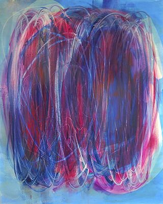 #18982, Prussian and Phatalo Blues Making out with Magenta,					2018, 48×60 inch,	ink, oil on panel