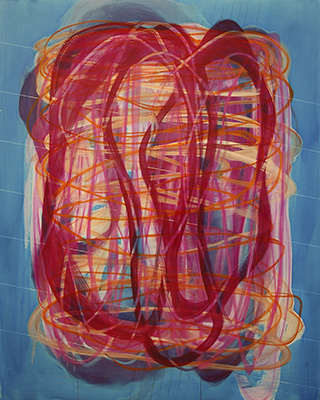 #18983, Magenta engaging with Orange,											2018, 48×60 inch,	ink, oil on panel
