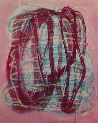 #18984, Magenta engaging with Cerulean Blue on Pink,							2018, 48×60 inch,	ink, oil on panel