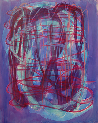 #18986, Magenta engaging with Cerulean Blue,									2018, 48×60 inch,	ink, oil on panel