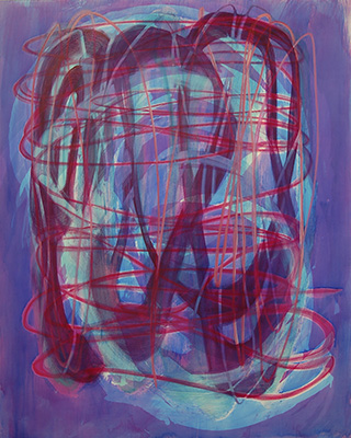 #18986, Magenta engaging with Cerulean Blue,									2018, 48×60 inch,	ink, oil on panel